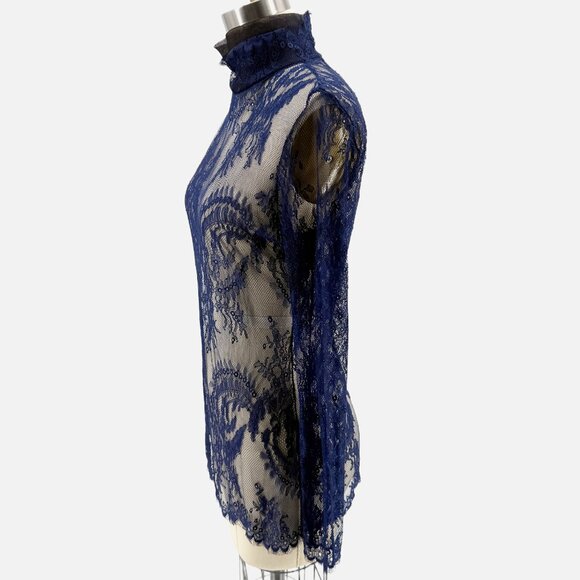 Romantic Lace Sheer Mesh Long Sleeve Layering Top  Blouse Mock Neck S Blue - Picture 6 of 7